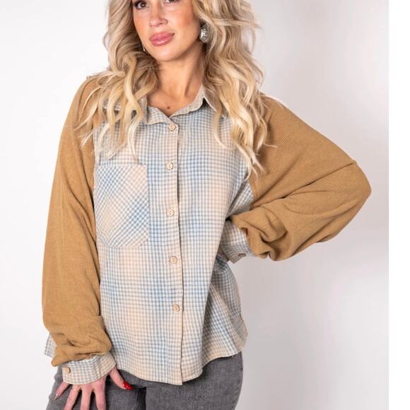 Oli & Hali Tops - Waffle Sleeve Plaid Button-Up Top in Tan and Light Blue